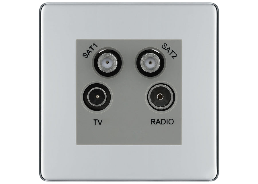 BG Screwless Polished Chrome TV/FM/2x SAT Quadplex Socket – Grey Insert