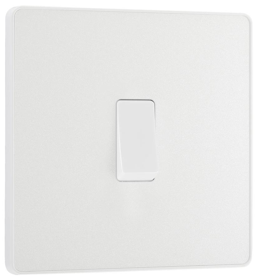 PCDCL13W Front - This Evolve pearlescent white 20A 16AX intermediate light switch from British General should be used as the middle switch when you need to operate one light from 3 different locations, such as either end of a hallway and at the top of the stairs.