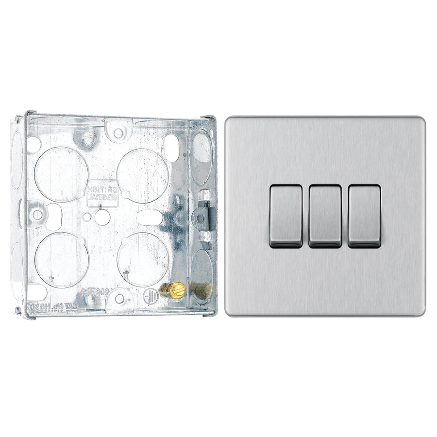 BG Screwless Brushed Steel 20A 16AX 2-Way Triple Light Switch FBS43 with 25mm Steel Back Box