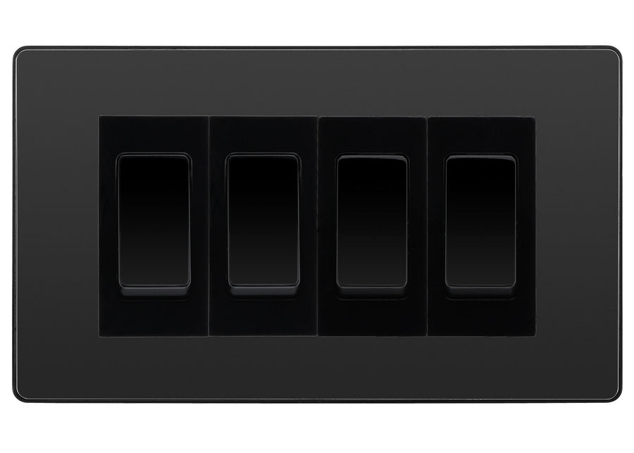 BG Evolve Black Chrome 4-Gang Light Switch 3x 2-Way + 1x Intermediate – Black Inserts