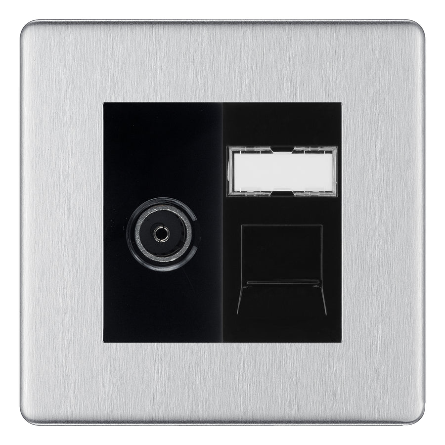 BG Screwless Brushed Steel TV Aerial & RJ45 CAT6 Data Socket - Black Insert
