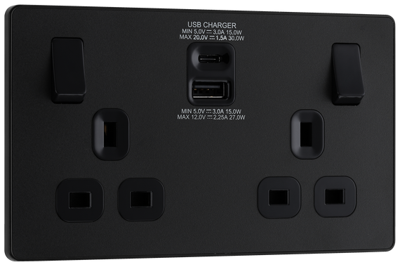 BG Evolve PCDMB22UAC30B Matt Black 2 Gang 13A Socket-Black Insert