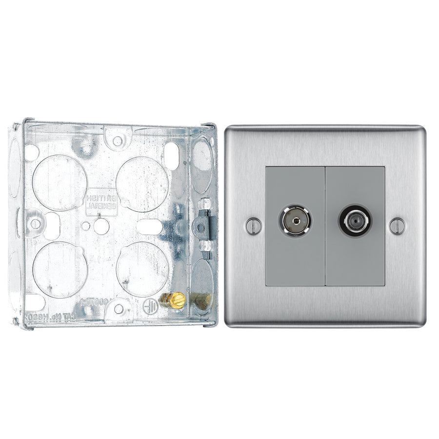 BG Nexus Brushed Steel 2 Gang Satellite & Co-axial Socket NBS65 with 25mm Steel Back Box