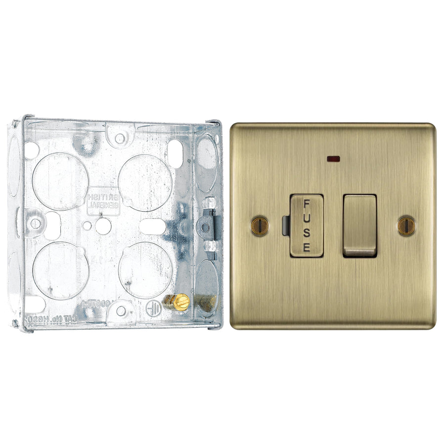 BG Nexus Antique Brass 13A Neon Switched Fused Spur Unit NAB52 with 25mm Steel Back Box