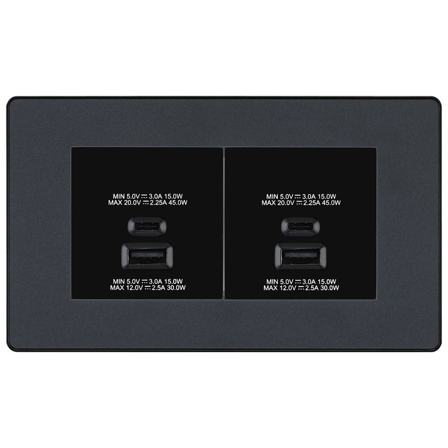 BG Evolve Matt Grey 4G Faceplate with 45W USB A+C Charger Modules – Black Insert