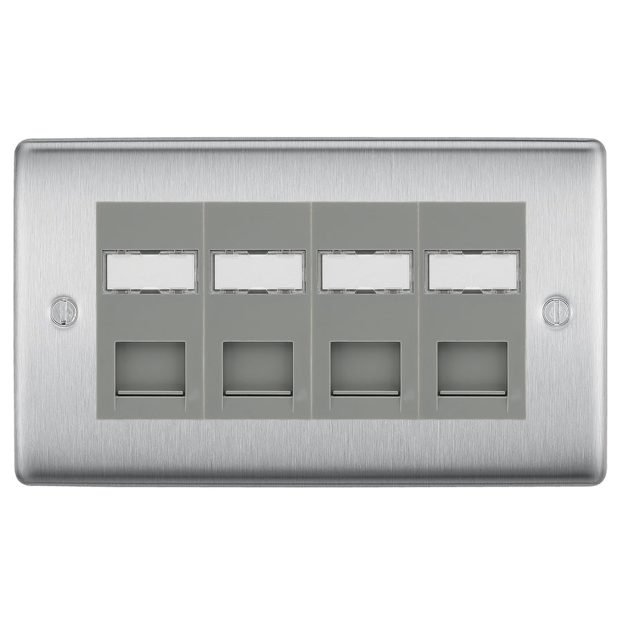 BG Nexus Brushed Steel 4 Gang RJ45 CAT6 Data Socket Grey Inserts