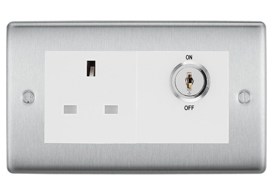 BG Nexus Brushed Steel 13A Double Pole Key Controlled Socket – White Inserts