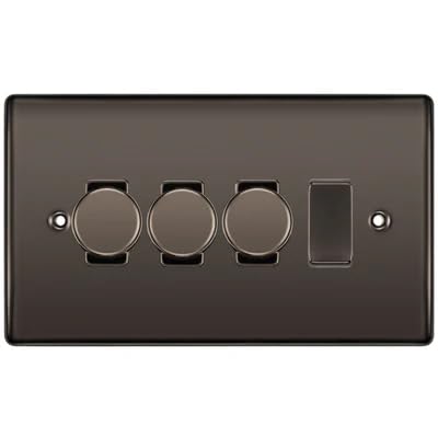 BG Nexus Black Nickel 4 Gang Switch 3x Trailing Edge LED Dimmer 1x Intermediate Custom Grid Switch