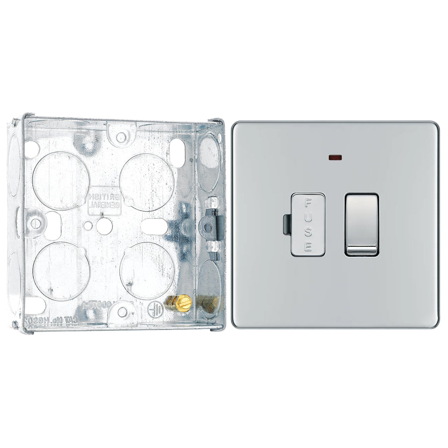 BG Screwless Polished Chrome 13A Switched Spur + Neon FPC52 with 25mm Steel Back Box