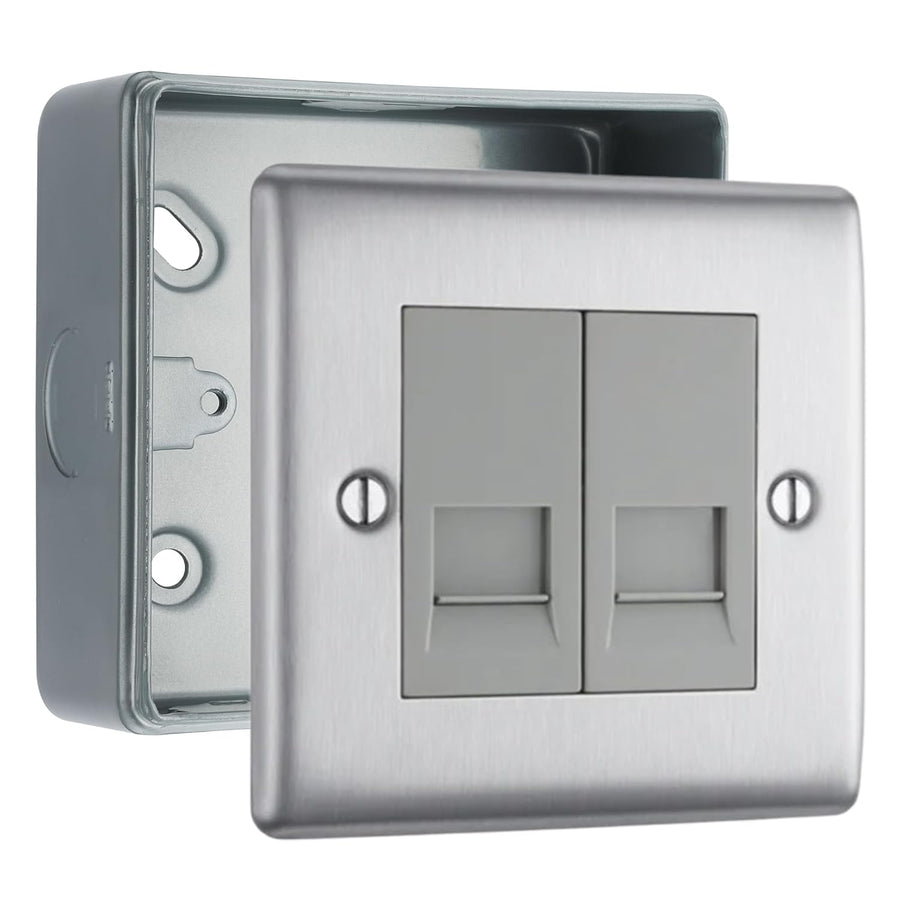 BG Nexus Brushed Steel Double RJ11 Data Outlet with Surface Pattress Back Box