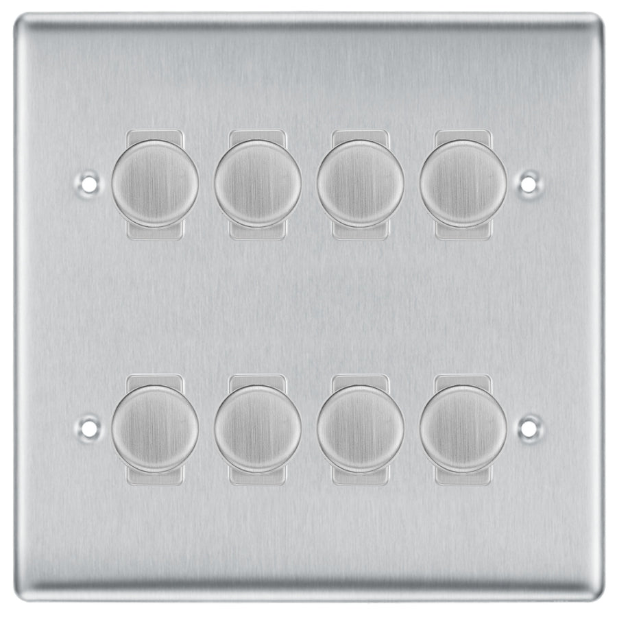 BG Brushed Steel 8 Gang Trailing Edge LED Dimmer Light Switch 2 Way Custom Switch