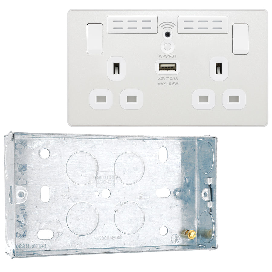 BG Evolve Pearlescent White Double USB Socket with WiFi Extender PCDCL22UWRW with 25mm Steel Back Box