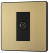 PCDSB60B Front - This Evolve Satin Brass single coaxial socket from British General can be used for TV or FM aerial connections. This socket has a low profile screwless flat plate that clips on and off, making it ideal for modern interiors.