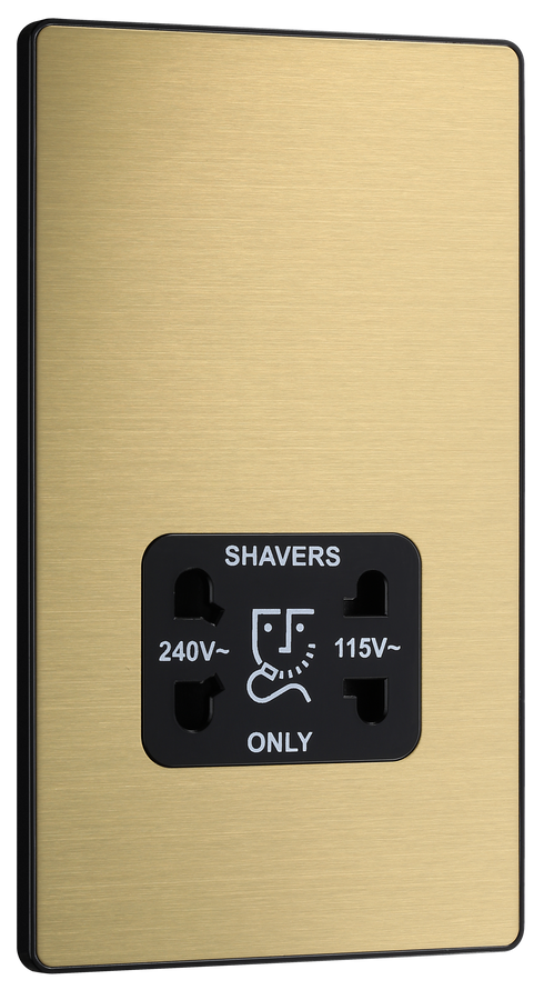 PCDSB20B Front - This Evolve Satin Brass dual voltage shaver socket from British General is suitable for use with 240V and 115V shavers and electric toothbrushes.