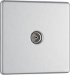 FBS60 Front - This single coaxial socket from British General can be used for TV or FM aerial connections. This Screwless Flat plate brushed steel finish socket has an anti-fingerprint lacquer and a screwless flat plate that clips on and off and sits flush against the wall making it ideal for modern interiors.