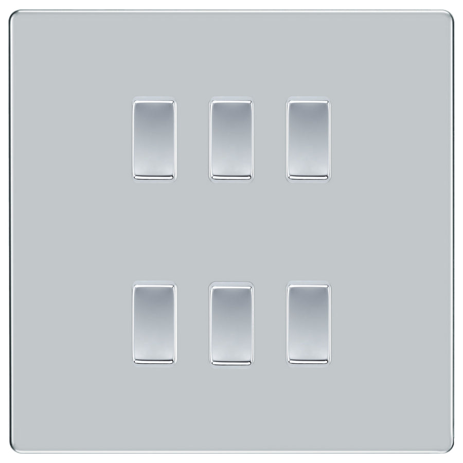 BG Polished Chrome Screwless 6 Gang Light Switch 2 Way Custom Grid Switch Mirror