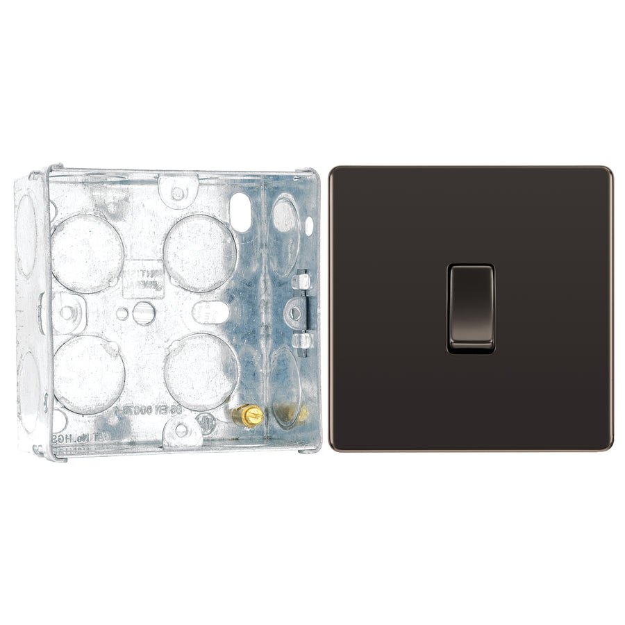 BG Screwless Black Nickel 20A 16AX 2 Way Single Light Switch FBN12 with 35mm Steel Back Box