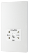 PCDCL20W Front - This Evolve pearlescent white dual voltage shaver socket from British General is suitable for use with 240V and 115V shavers and electric toothbrushes.