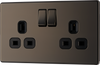 FBN22B Front - This Screwless Flat plate black nickel finish 13A double switched socket from British General has a sleek flat profile that clips on and off for a screwless premium finish, with no visible plastic around the switches.