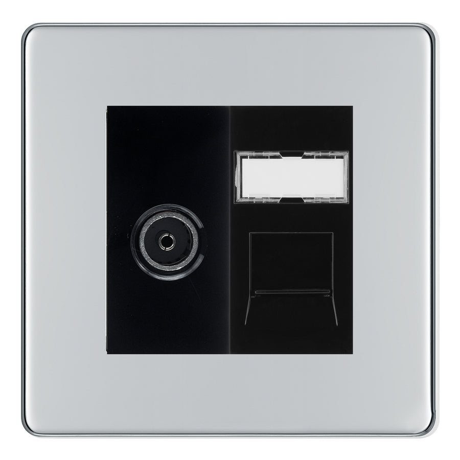 BG Screwless Polished Chrome TV Aerial & RJ45 CAT6 Data Socket - Black Insert