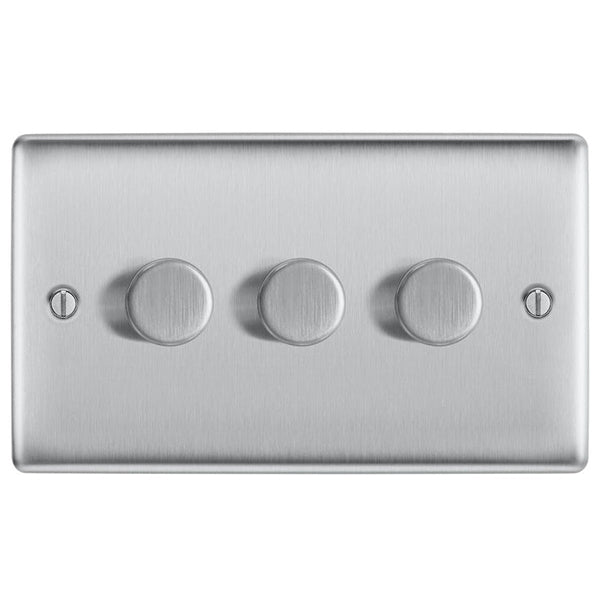 BG NBS83P 3 Gang, 2 Way, 400w Dimmer Switches-push Type Brushed Steel