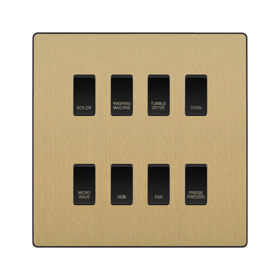 BG Evolve Satin Brass Custom Appliance Grid Switch 8 Gang Screwless