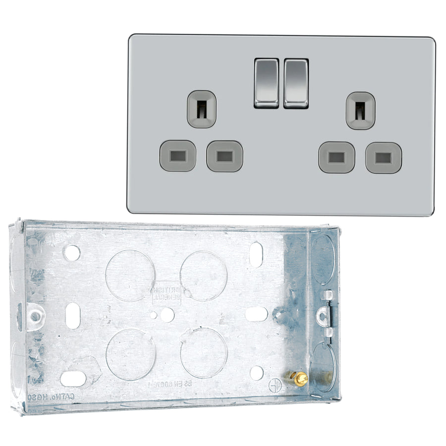 BG Screwless Polished Chrome 13A Double Switched Socket FPC22G with 25mm Steel Back Box