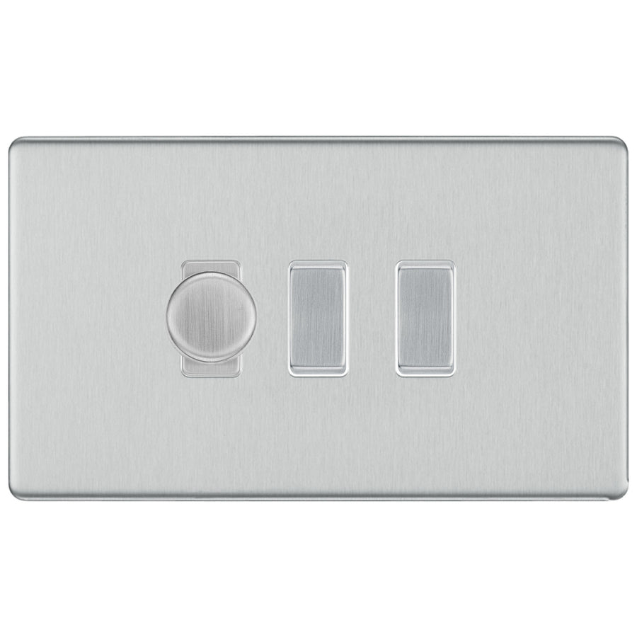 BG Brushed Steel Screwless Flat Plate 3 Gang Light Switch 1x Trailing Edge LED Dimmer 2x 2 Way Custom Switch