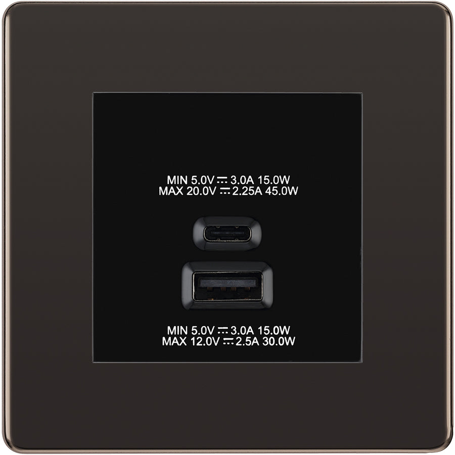 BG Black Nickel 45W USB Wall Socket Euro Module USB-A & C - Black Insert