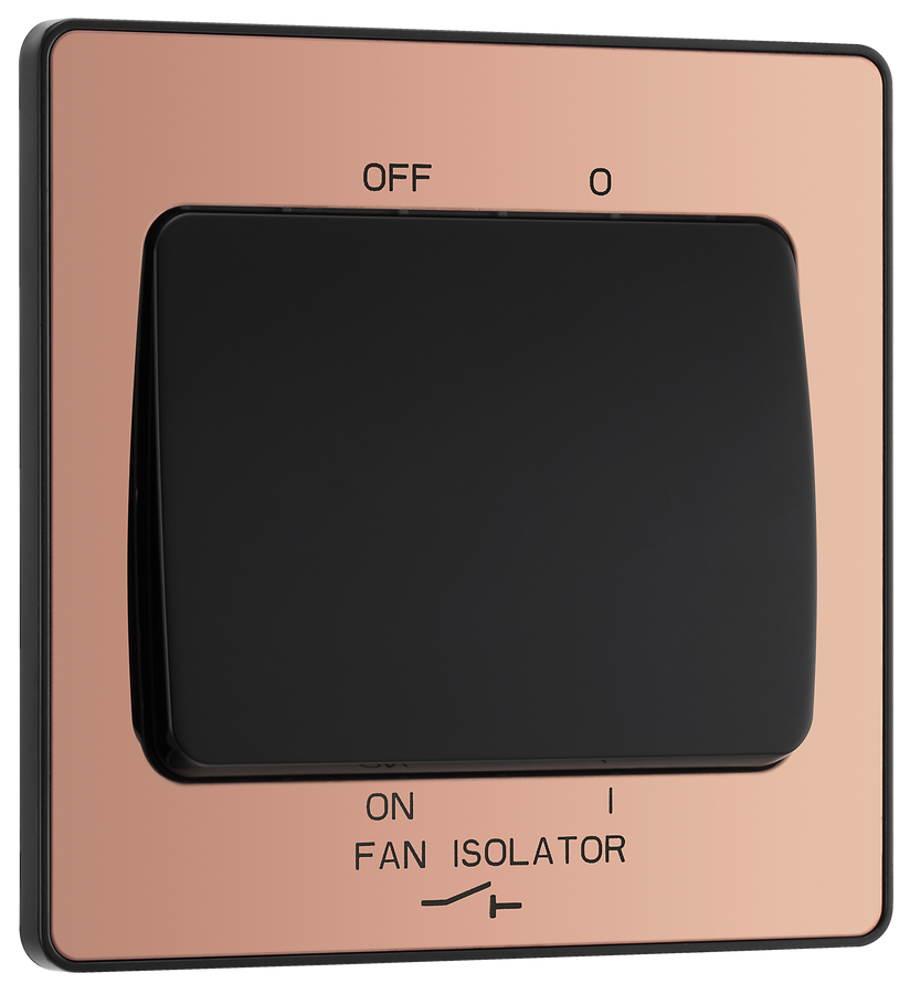 PCDCP15B Front - This Evolve Polished Copper 10A triple pole fan isolator switch from British General provides a safe and simple method of isolating mechanical fan units.