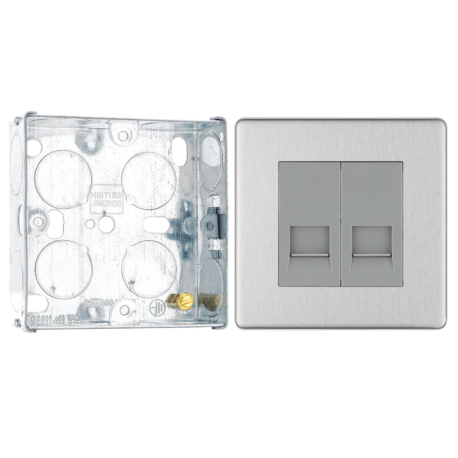 BG Screwless Brushed Steel Double Slave Telephone Socket FBSBTS2 with 25mm Steel Back Box