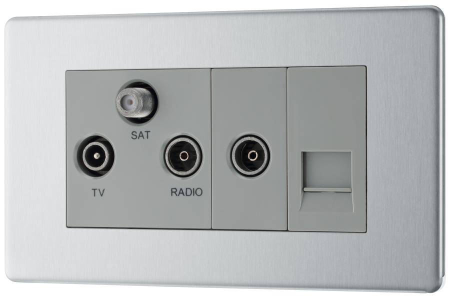 FBS68 Front - This screened Triplex socket from British General has an outlet for TV FM and satellite, plus a return and shuttered telephone socket.