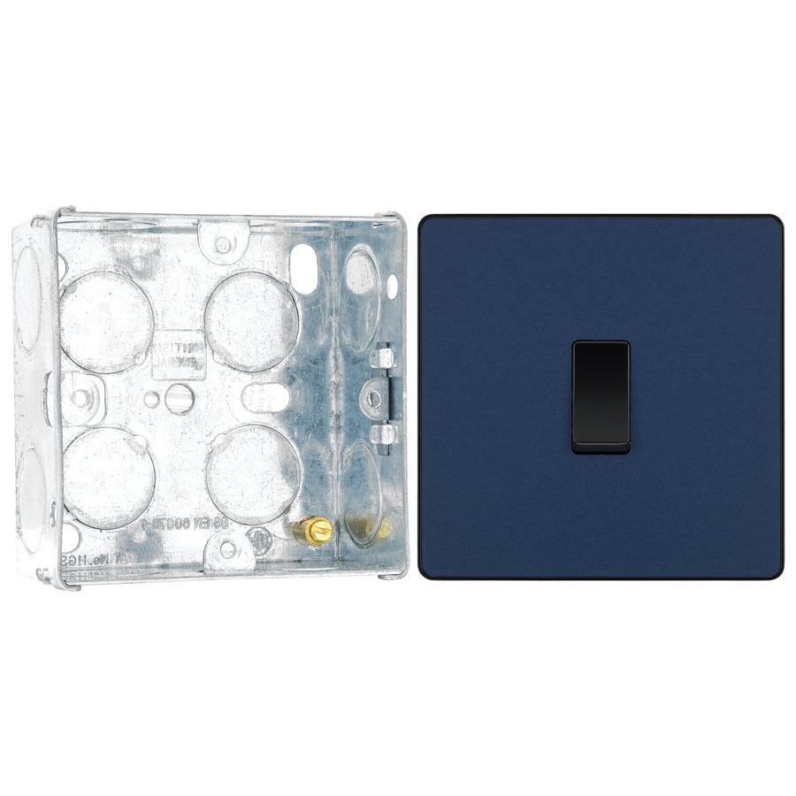 BG Evolve Matt Blue 1 Gang 20A 16AX 2 Way Light Switch PCDDB12B with 35mm Steel Back Box