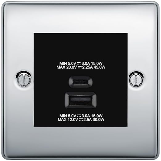 BG Nexus Polished Chrome 45W USB Wall Socket Euro Module USB-A & C - Black Insert