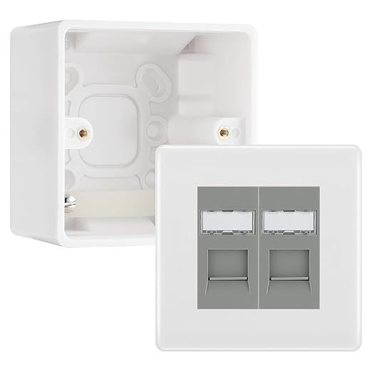 BG Nexus White RJ45 CAT6 Module with 2 Gang Faceplate, 2 Port Network Socket & 50mm Back Box (Grey Insert)