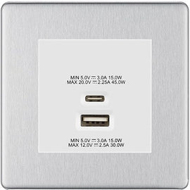 BG Brushed Steel 45W USB Wall Socket Euro Module USB-A & C - White Insert