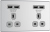 FBS24U44G Front - This completely screwless and slimline flat plate 13A double power socket from British General comes with four USB charging ports allowing you to plug in an electrical device and charge mobile devices simultaneously without having to sacrifice a power socket.