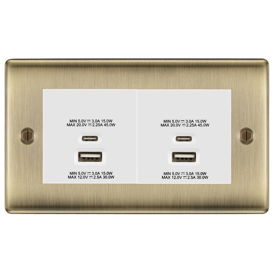 BG Antique Brass 4G Euro Plate with 45W USB A+C Charger Modules - White Insert