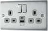 BG NBS22UAC12G Nexus Metal 13A Double Switched Power Socket + USB A+C (12W) - Brushed Steel + Grey Insert