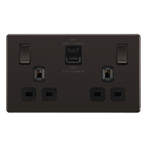 BG Screwless Black Nickel 13A Double USB 45W A+C Ports FBN22UAC45B