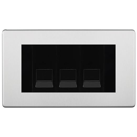 BG Screwless Brushed Steel 3 Gang IDC Secondary Telephone Socket - Black Insert