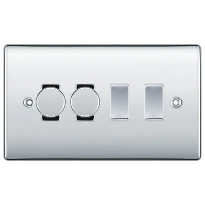 BG Nexus Polished Chrome 4 Gang Light Switch Grid – 2x Trailing-Edge LED Dimmer, 1x Intermediate, 1x 2-Way Switch
