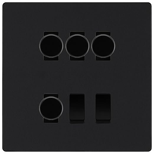 BG Evolve Matt Black 6 Gang Switch 4x Trailing Edge LED Dimmer, 1x Intermediate, 1x 2-Way Switch