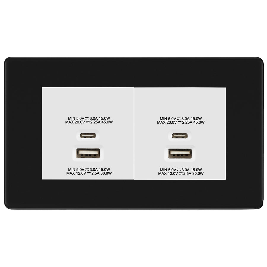 BG Screwless Matt Black 4G Faceplate with 45W USB A+C Charger Modules - White Insert