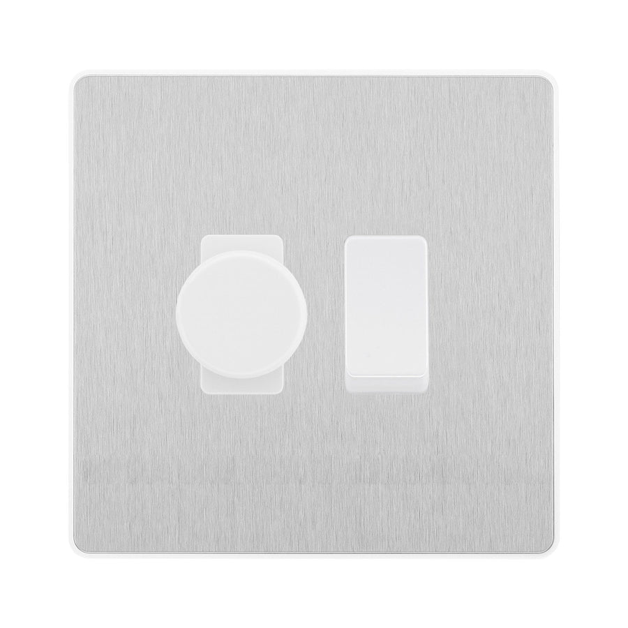 BG Evolve Brushed Steel 2 Gang Switch 1x Trailing Edge LED Dimmer 1x Intermediate Custom Grid Switch