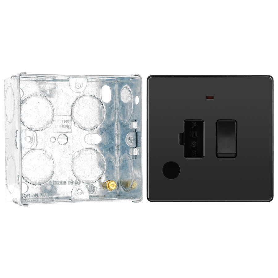 BG Evolve Black Chrome 13A Switched Spur with Neon and Flex Outlet PCDBC52B with 35mm Steel Back Box