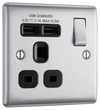 BG NBS21U2B Metal Brushed Steel 1 Gang 13A 2x USB-A 2.1A Switch Socket Black Insert