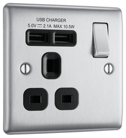 BG NBS21U2B Metal Brushed Steel 1 Gang 13A 2x USB-A 2.1A Switch Socket Black Insert