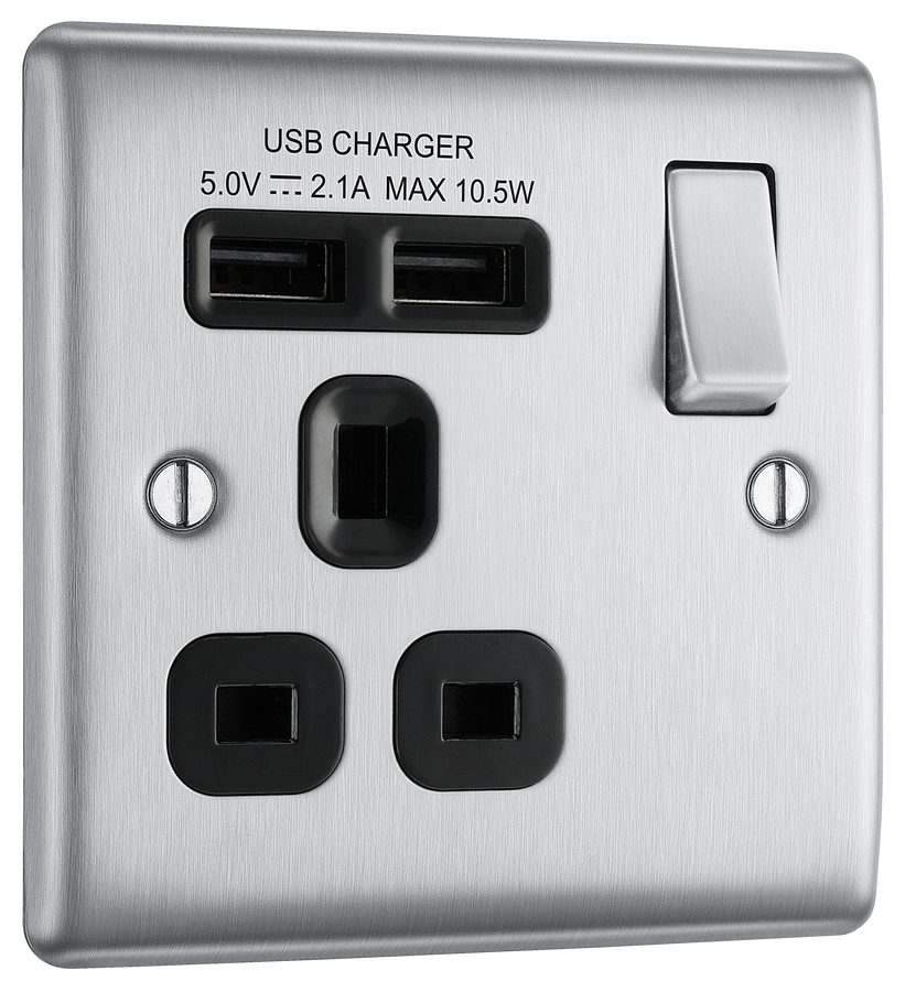 BG NBS21U2B Metal Brushed Steel 1 Gang 13A 2x USB-A 2.1A Switch Socket Black Insert