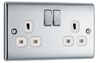 NPC22W Front - This polished chrome finish 13A double switched socket from British General has a sleek and slim profile, with softly rounded edges and no visible plastic around the switch to add a touch of luxury to your decor.